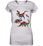 Womens Colourful Dinosaur International dot day V Neck T Shirt Women's V-Neck T-Shirt
