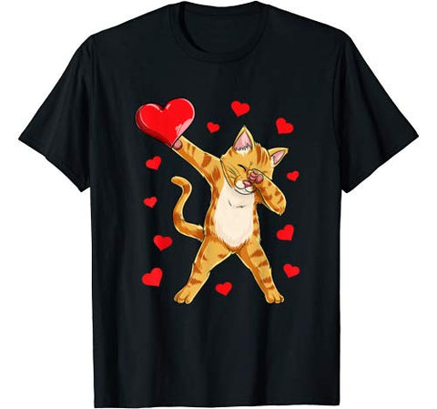 Dabbing Cat Heart Valentines Day Girls Kitty Kitten Lover T-Shirt