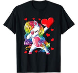 Dabbing Unicorn Heart Valentines Day Girls Kids Rainbow Gift T-Shirt