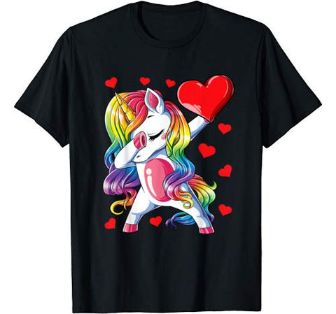 Dabbing Unicorn Heart Valentines Day Girls Kids Rainbow Gift T-Shirt