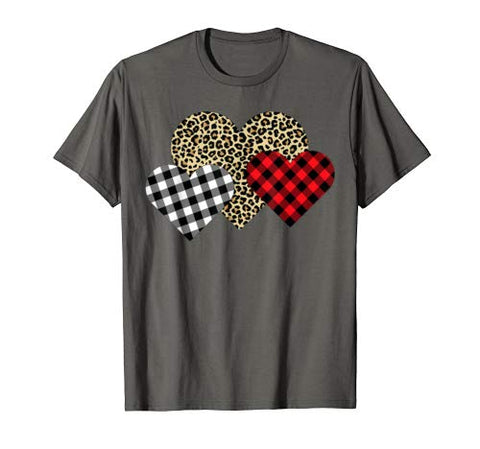 Funny Leopard And Buffalo Plaid Printed Love Heart Gifts T-Shirt