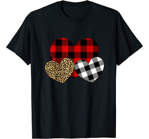 Happy Valentine day Three Hearts Leopard Buffalo Plaid Gift T-Shirt