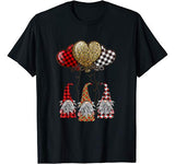 Three Gnomes Balloon Hearts Buffalo Plaid Leopard Valentines T-Shirt