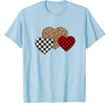 Valentine Three Hearts Buffalo Plaid Leopard Heart T-Shirt