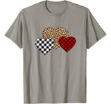 Valentine Three Hearts Buffalo Plaid Leopard Heart T-Shirt