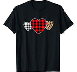 Valentine Three Hearts Leopard Buffalo Plaid Valentine’s day T-Shirt