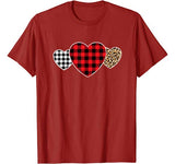 Valentine Three Hearts Leopard Buffalo Plaid Valentine’s day T-Shirt